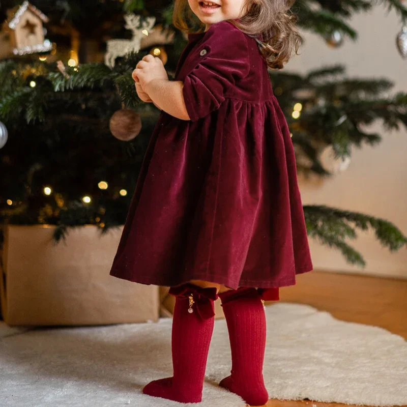 Chic Christmas Red Evening Party Velvet Dress Girls 2024 Solid Color Loose Long Sleeved Autumn Dresses Toddler Kids Clothes