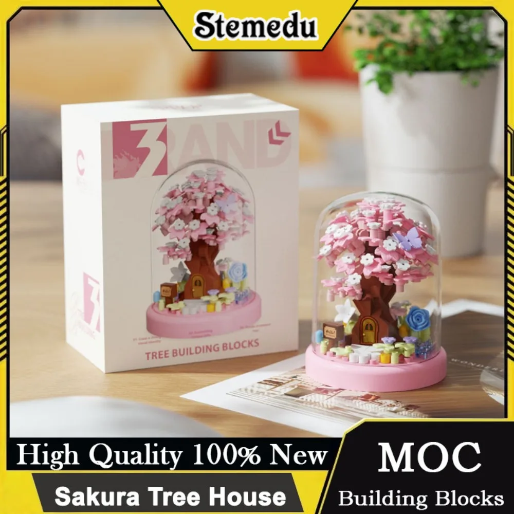 Juego de bloques de construcción de casa del árbol Sakura, ramo de flores de cerezo artesanal, juguete para el día de plantación, regalo para niñas y niños, puesto de decoración del hogar