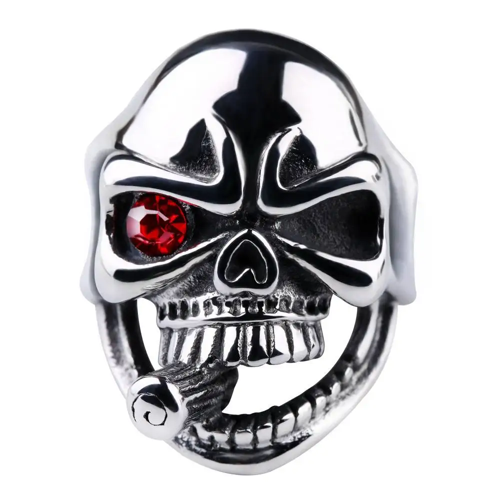 Stainless Steel Skull Ring For Men Red Zircon One‑Eye Smoking Cigar Design Biker Gothic Punk Finger Ring Male Jewelry Gift