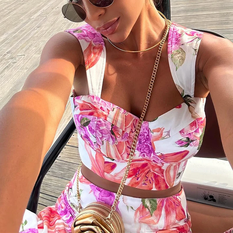 

Sexy Floral Print Suspender Vest Top & Layered Half Skirts Set New Spring Summer Two Piece Outfits Office Lady Elegant Slim Suit