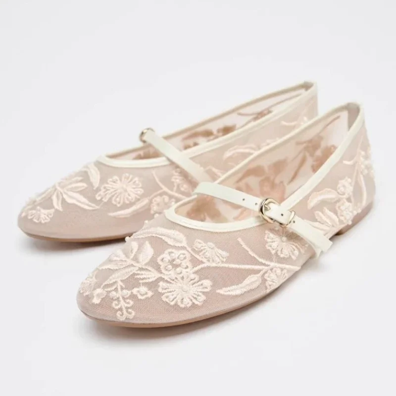 

Mesh Embroidery String Bead Women Ballet Flats Brand Design Buckle Strap Breathable Soft Sole Comfort Ladies Mary Jane Shoes
