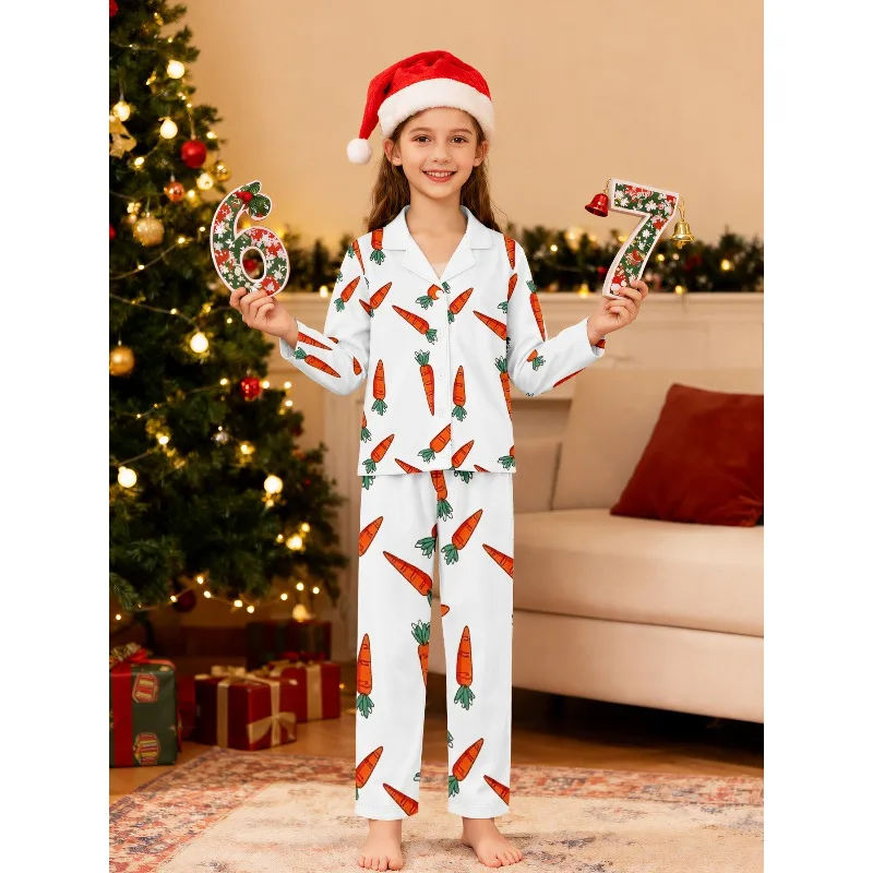 Girls Lapel Pajama Set Long Sleeve Nightwear, Assorted Capybara Carrot Bee Cat Christmas Prints, Perfect Birthday Xmas Gift