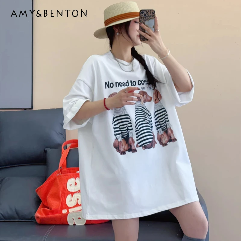 

Summer Ins Style Cute Cartoon Print T-shirt Women's Loose Fit Versatile Short-sleeved Pullover Top O-neck Tshirts Kawaii Clothes