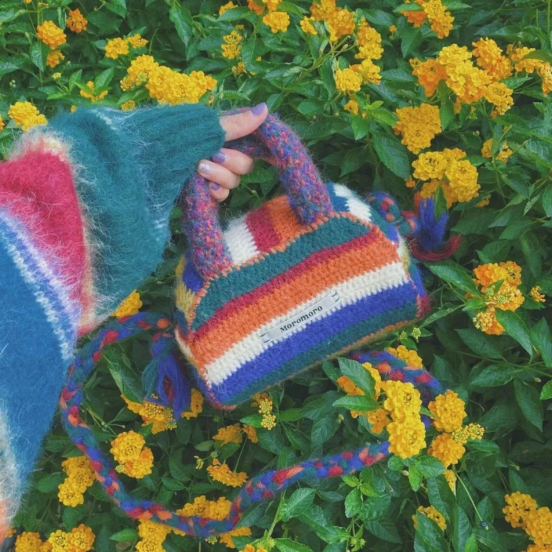 Rainbow Color Knitted Fashion Trendy Women Crossbody Bag Hand-top Ladies Purses Handbags Designer Bag