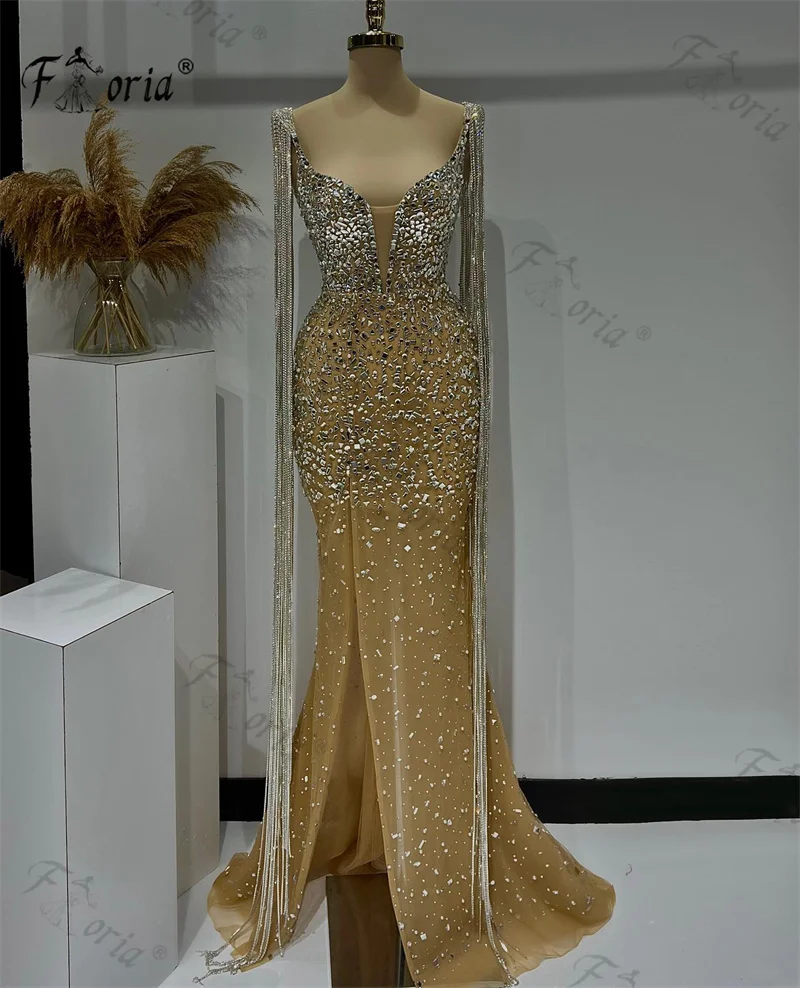 Robe de Soirée pour Femme, Tenue de Célébrité, Couleur Champagne, Arabe, Dubaï, avec Long Pompon, Perles Argentées, Franges