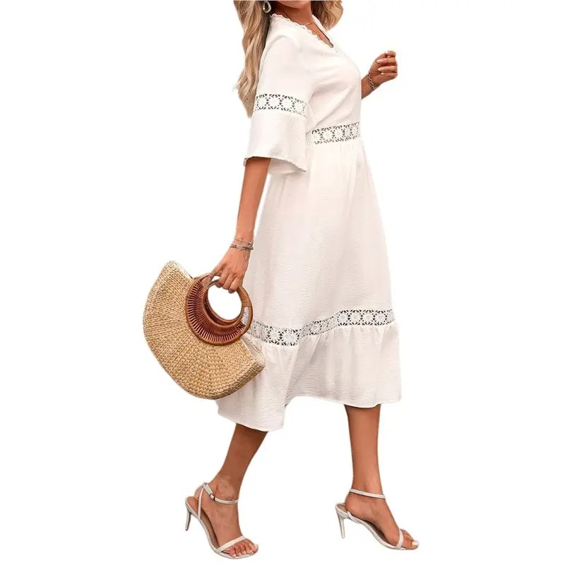 NUEVO-Vestidos de verano con cuello en V para mujer, vestido midi con mangas abullonadas y línea A, vestido para invitadas de boda