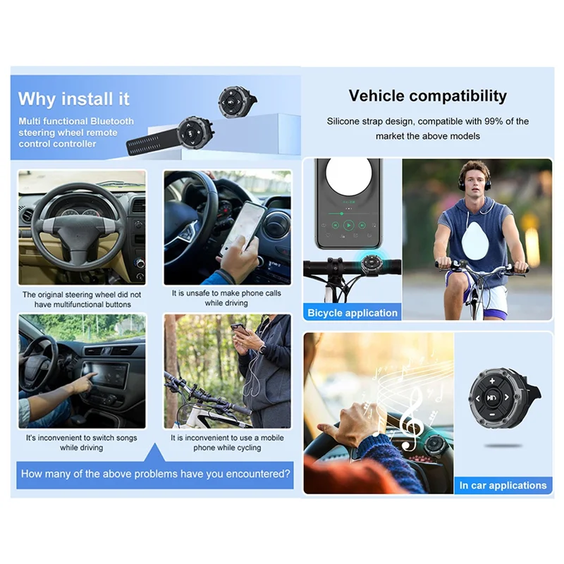 

Waterproof Car Steering Wheel 5 Keys Bluetooth Remote Button Control Motorcycle Handlebar Media Controller