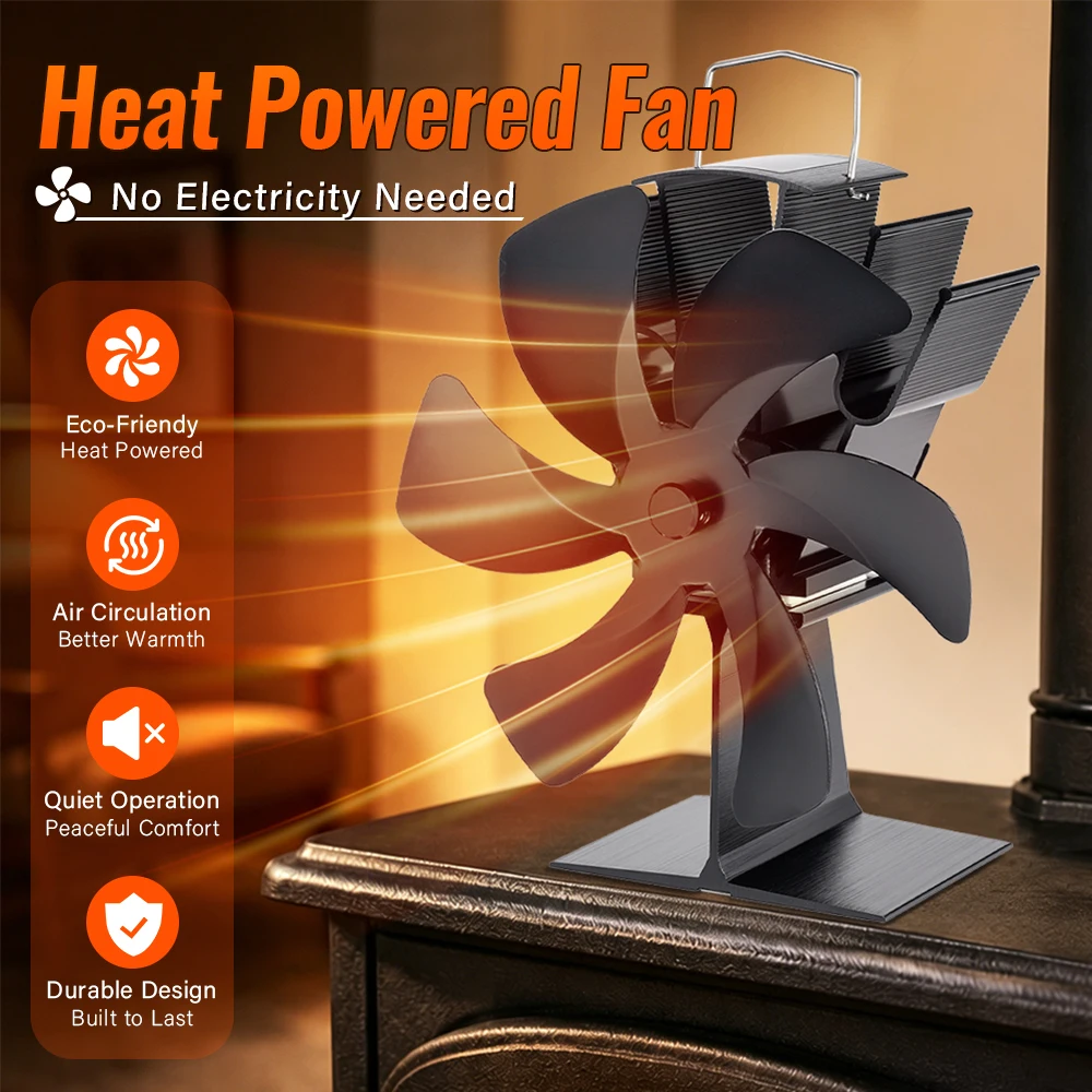 6 Blades Heat Powered Stove Fan Black Fireplace Fan Log Wood Burner Eco-fan Quiet Heater Home Efficient Heat Distribution