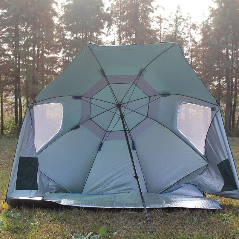 Outdoor Beach Sun Umbrella Silver Coated Windproof Camping Canopy With Window UV Protection For Fishing Seaside
