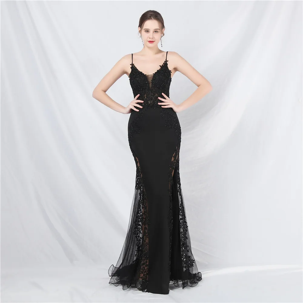 Women Mesh Embroidery Mermaid Long Evening Dress V Neck Slim Sexy Party Maxi Dresses Lady Formal Elegant Beading Prom Gown 2024