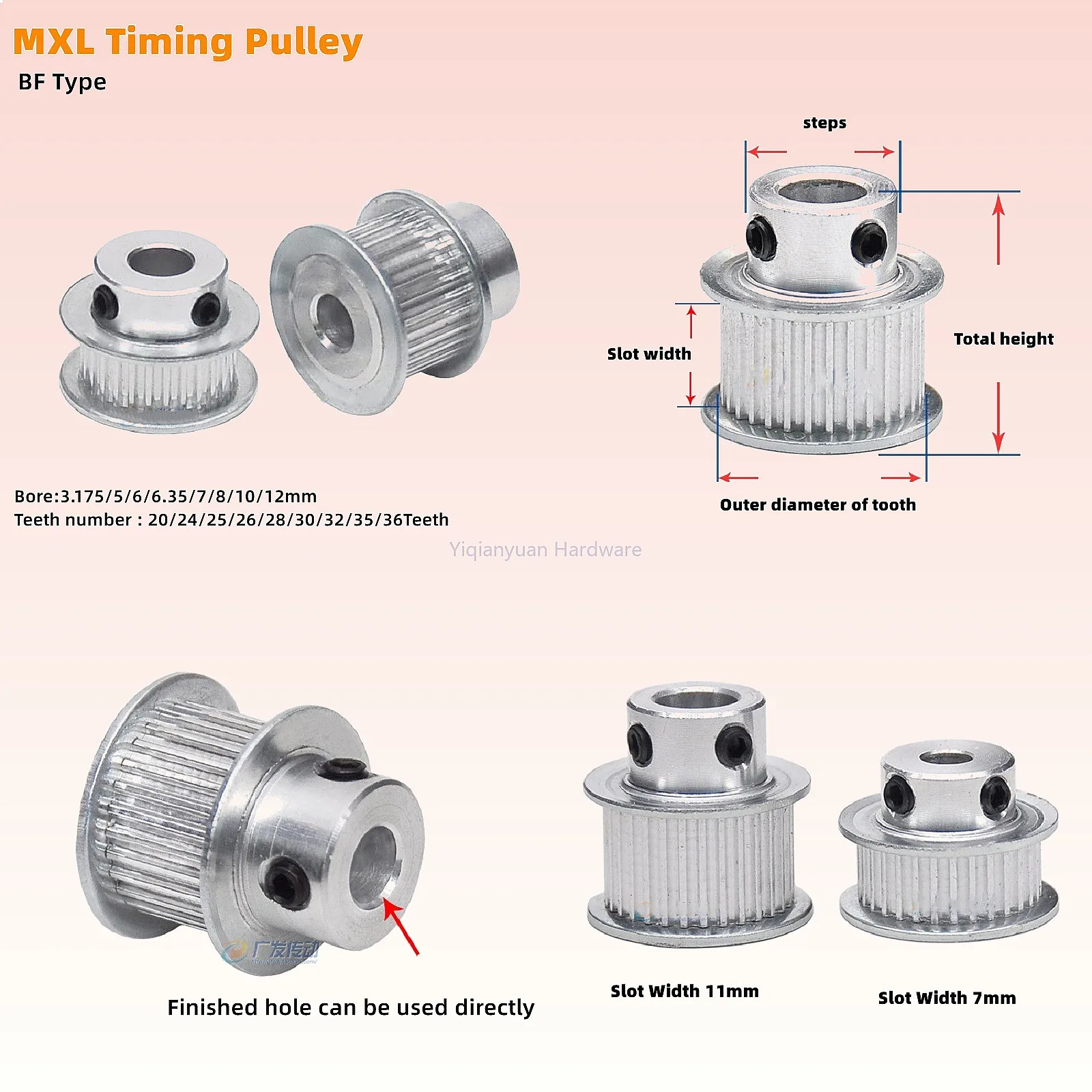 

Yiqianyuan MXL Timing Pulley BF Type 20-36 Teeth 3-12mm Bore 7-11mm Width Synchronous Wheel Aluminum Alloy