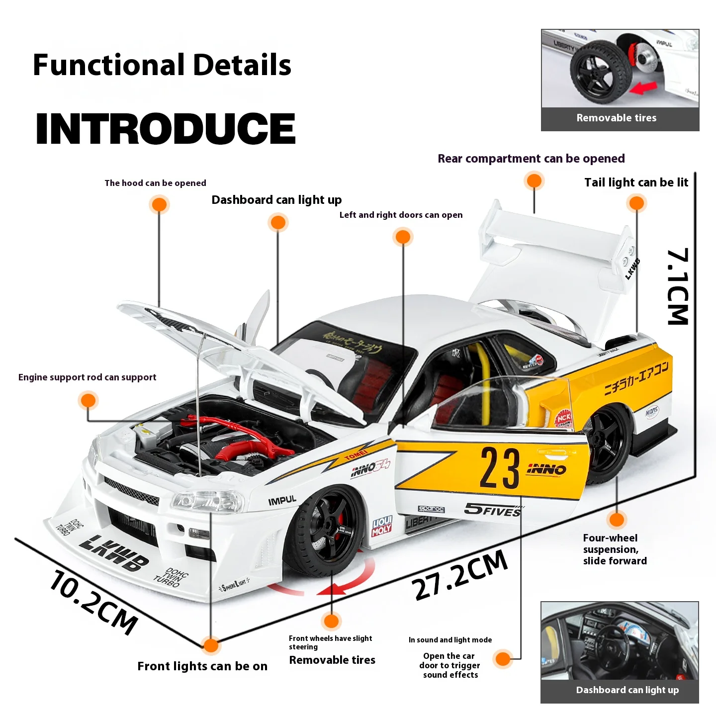1:18 รุ่นดัดแปลงของโมเดลโลหะผสม GTR, เสียงจําลองและแสง, ยางที่ถอดออกได้, เครื่องประดับเดสก์ท็อปที่สวยงาม
