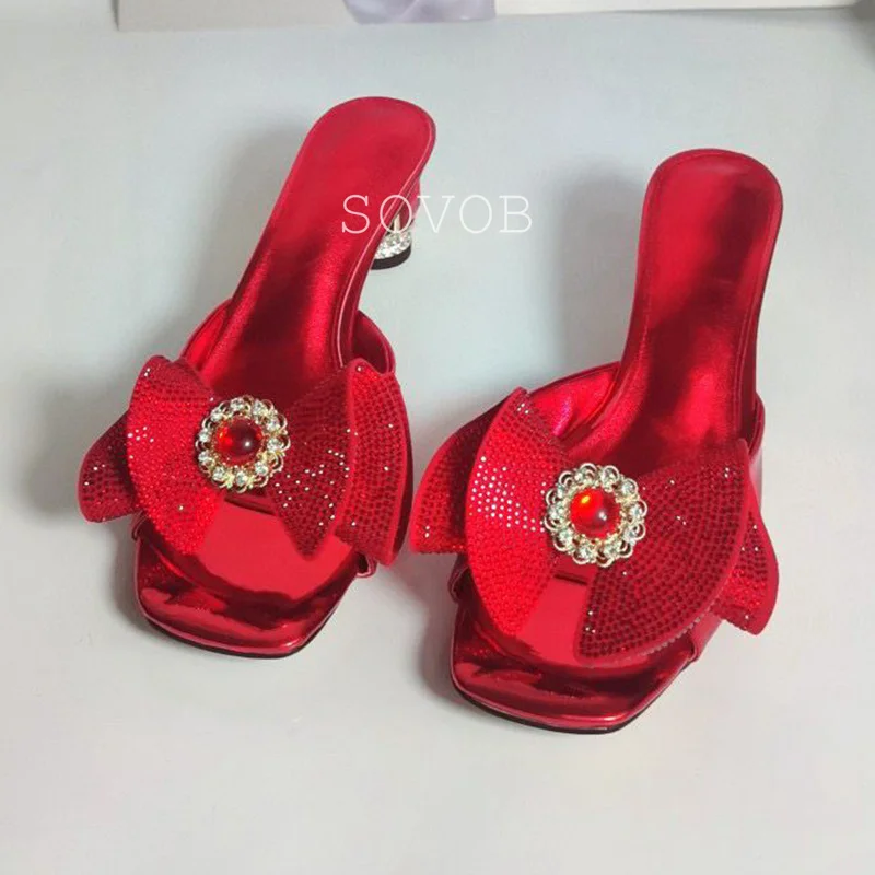 New Summer Patent Leather Rhinestone Bow Decoration High-Heeled Slippers Women Sweet Fairy Style Slippers Banquet Dress Shoes