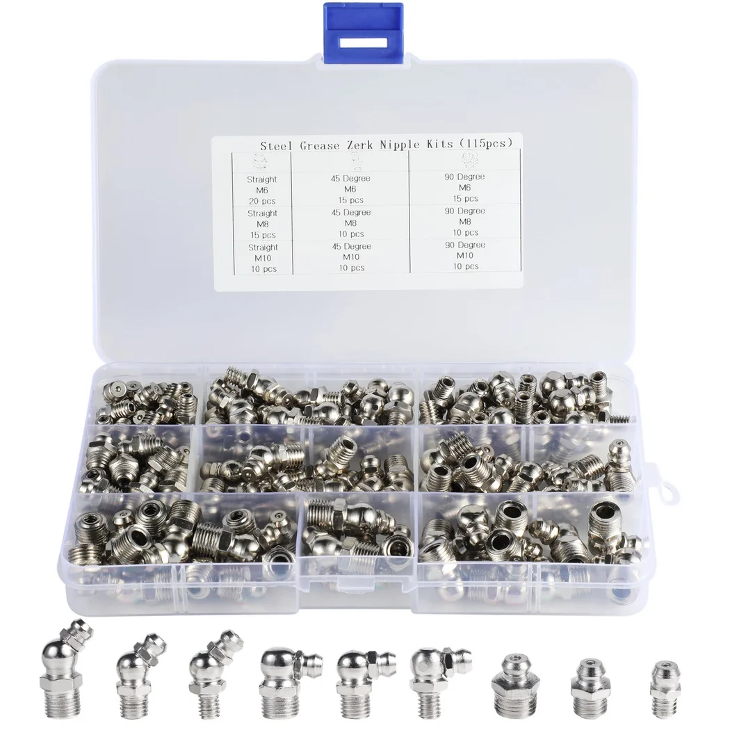 115Pcs Grease Fitting Kit Metal M6 M8 M10 Straight 45 90 Degree Zerk Assortment Grease Nipple Fittings Assortment Plated Nickel