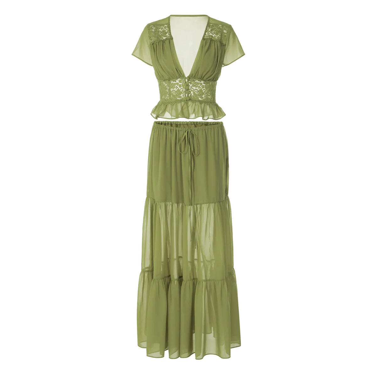 Women's 2-Piece Chiffon Skirt Set: V-Neck Top and Maxi Skirt