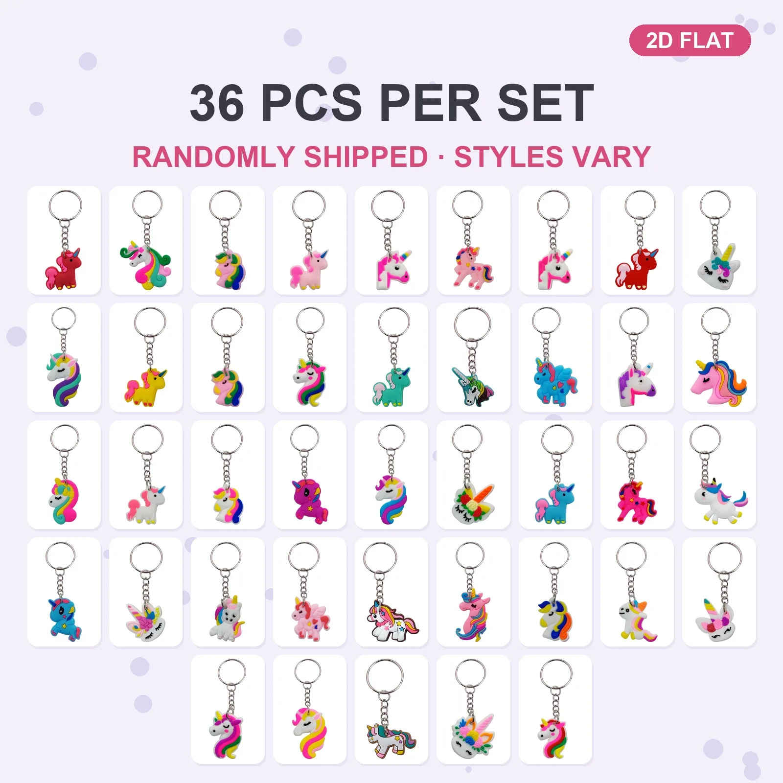 36 Pcs Soft PVC Unicorn Keychain Key Ring, 2D Flat Bag Charm for Girls, Styles Vary, Birthday Gift