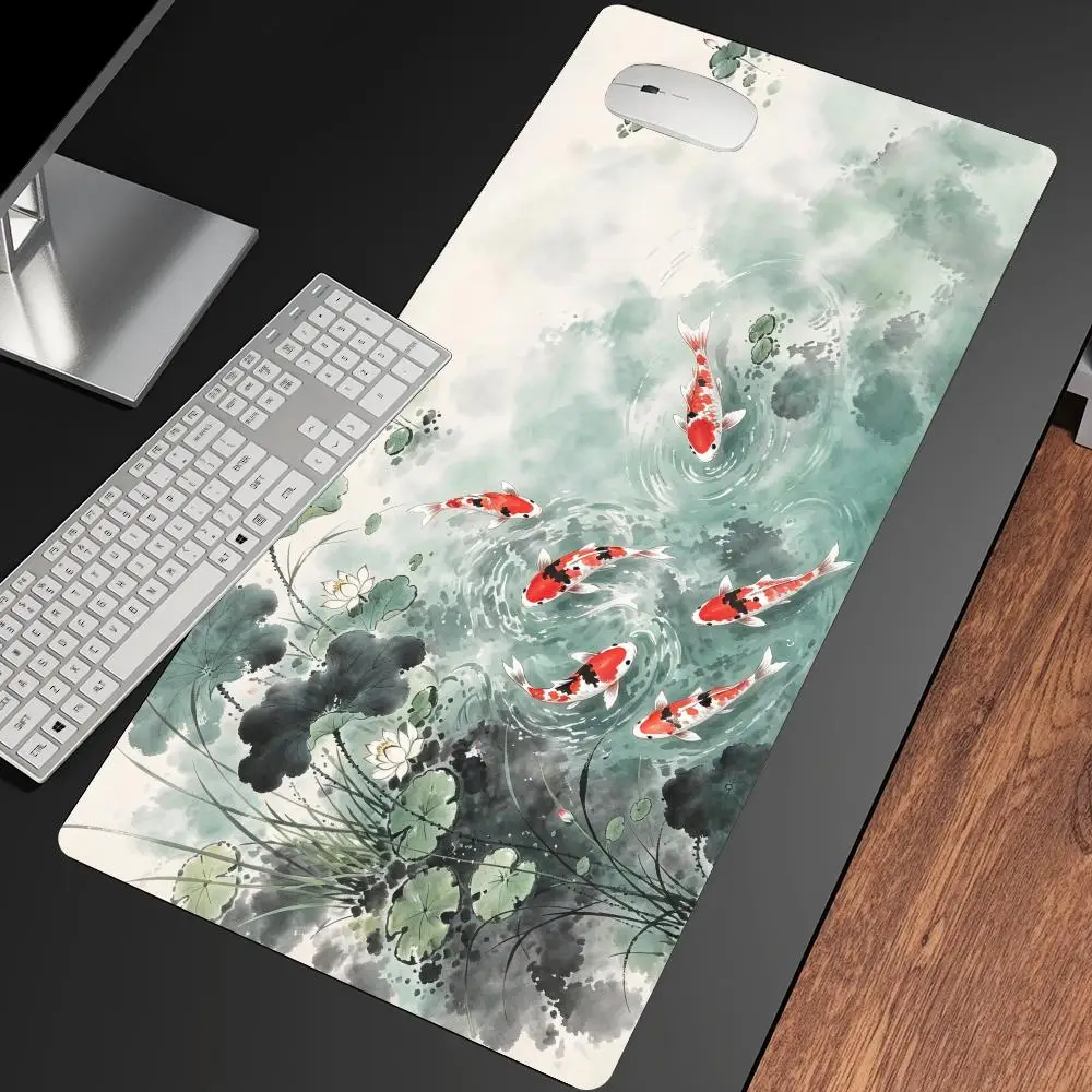 Ink Wash Lotus Pond Koi Mouse Pad Xxl Office Carpet Table Mat Deskpad Gaming Rug Keyboard Pad Set Up Desk Decorating Pc Decor