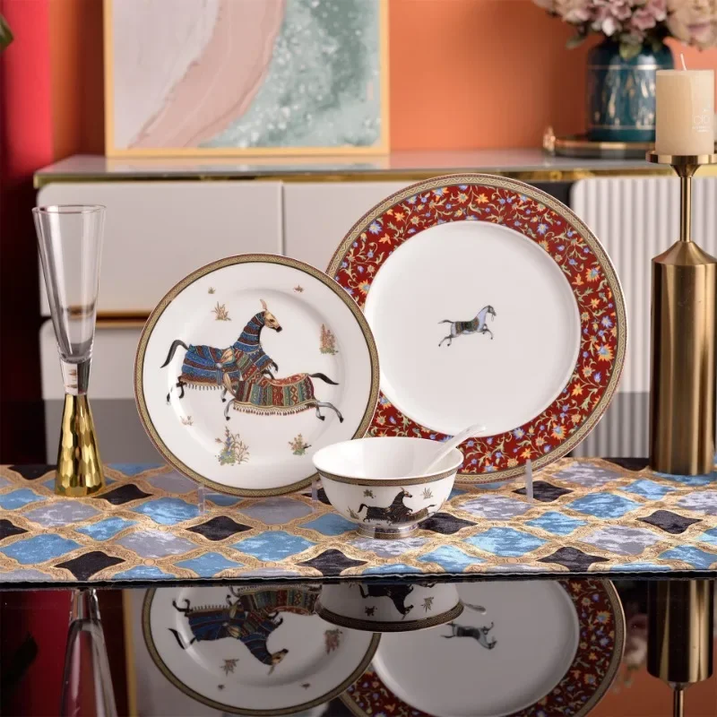 

European Animal Horse Series Bone Porcelain Boutique Tableware Set, Household Bowl Dish Spoon Dining Plate Western Cuisine Plate