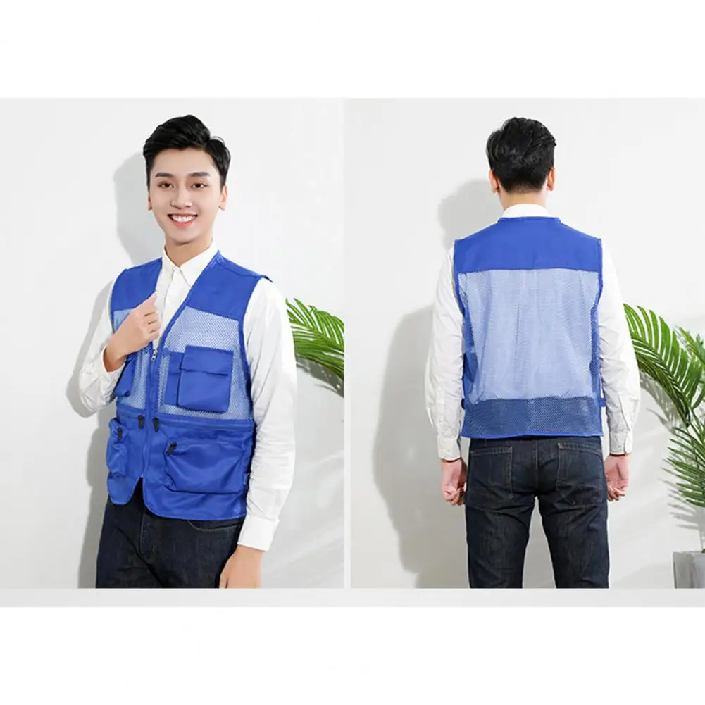 Men Mesh Vest Men's Multi-pocket Sleeveless Cargo Vest for Work Photography Breathable Mesh Hip Hop Jacket with Zipper Placket