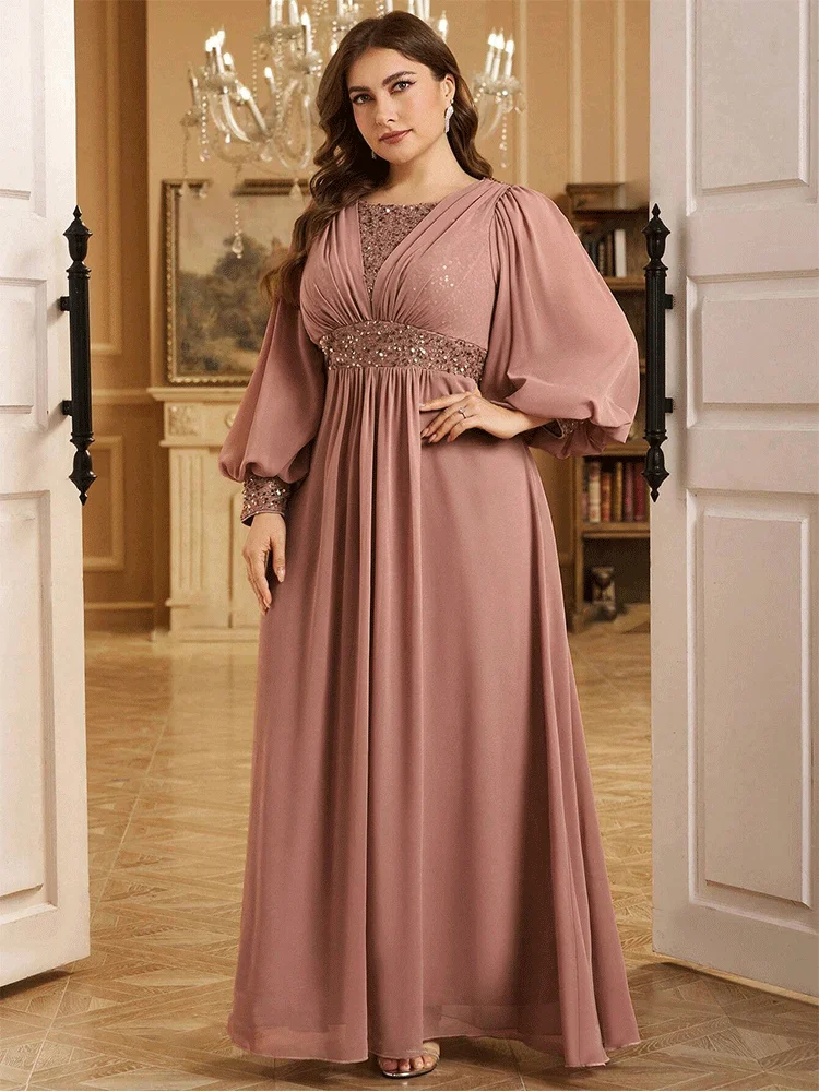 

Plus Size V-Neck Long Sleeves Lotus Pink Sequins Long Sleeves Luxury Evening Dress 4xl 5xl Tuition Long Sleeve Prom Gowg