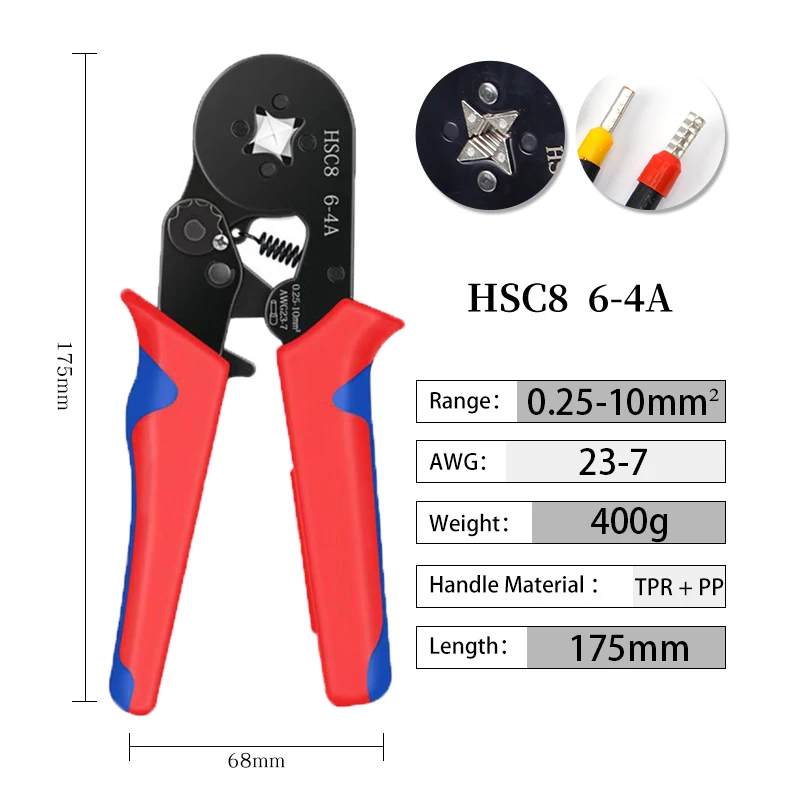 Tubular Terminal Crimping Alicates Tool Kit, Virola de alta precisão, Electricista Clamp Set, HSC8, 6A, 4A, 0.25-10 mm2, 6-6A, 0.25-6 mm2