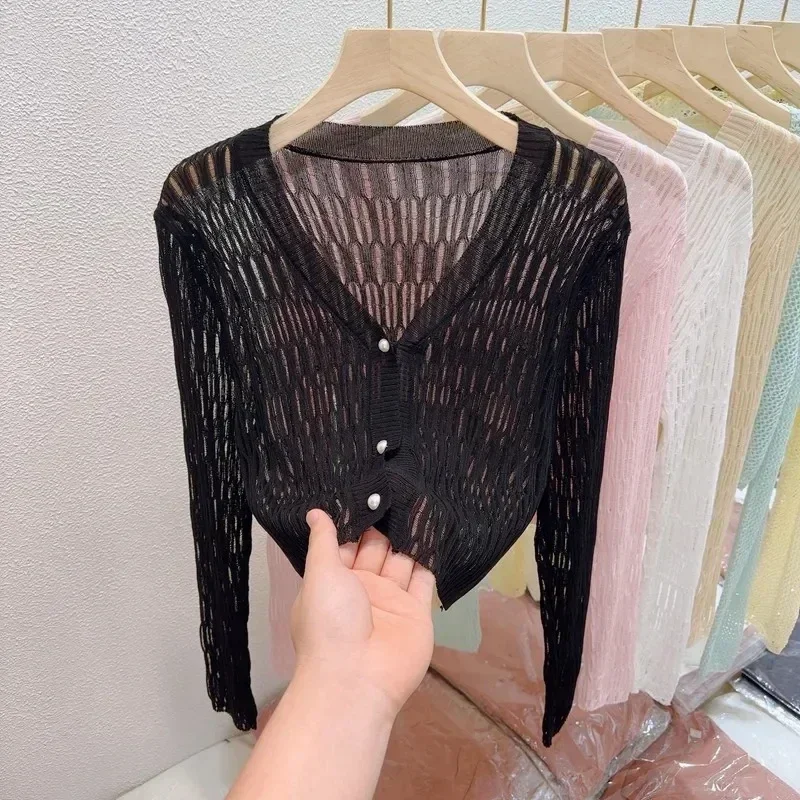 V-neck Ice Silk Knitted Cardigan Hollow Out Thin Crop Top Summer Sun Protection Shawl Women's Casual Shirt with Suspender Skirt