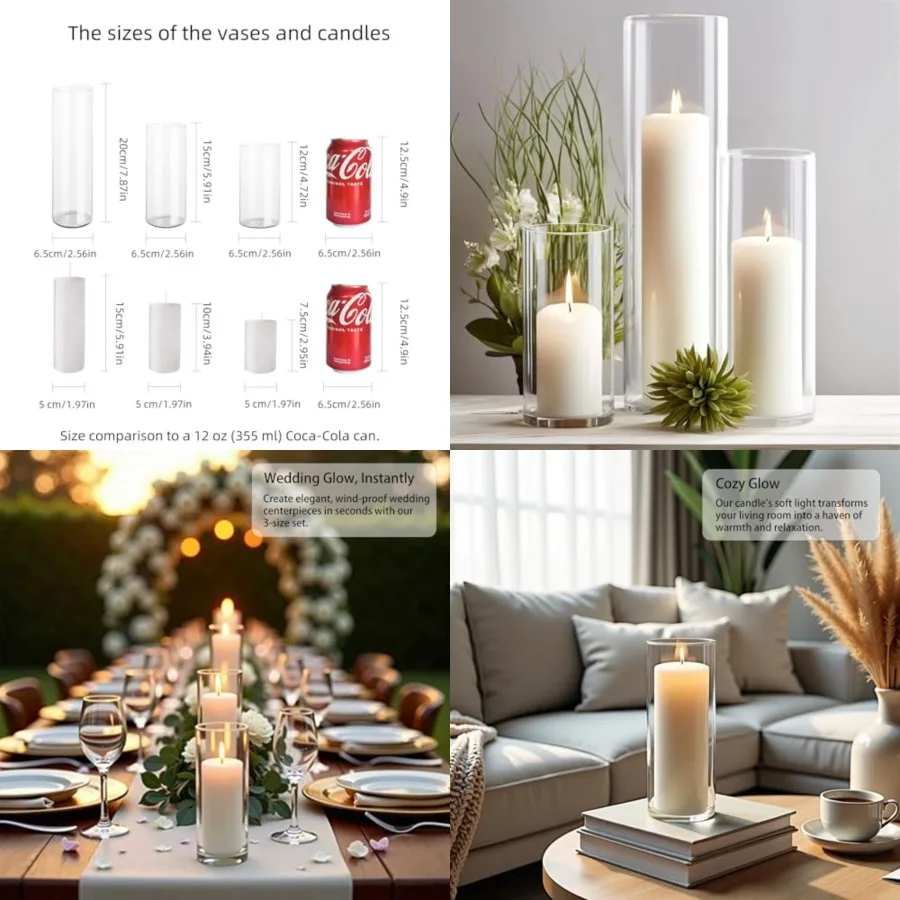 

12-Pack Pillar Candles with Clear Hurricane Glass Vases - 3-Size Set for Wedding Table Centerpieces, Home Decor Windproof Candl