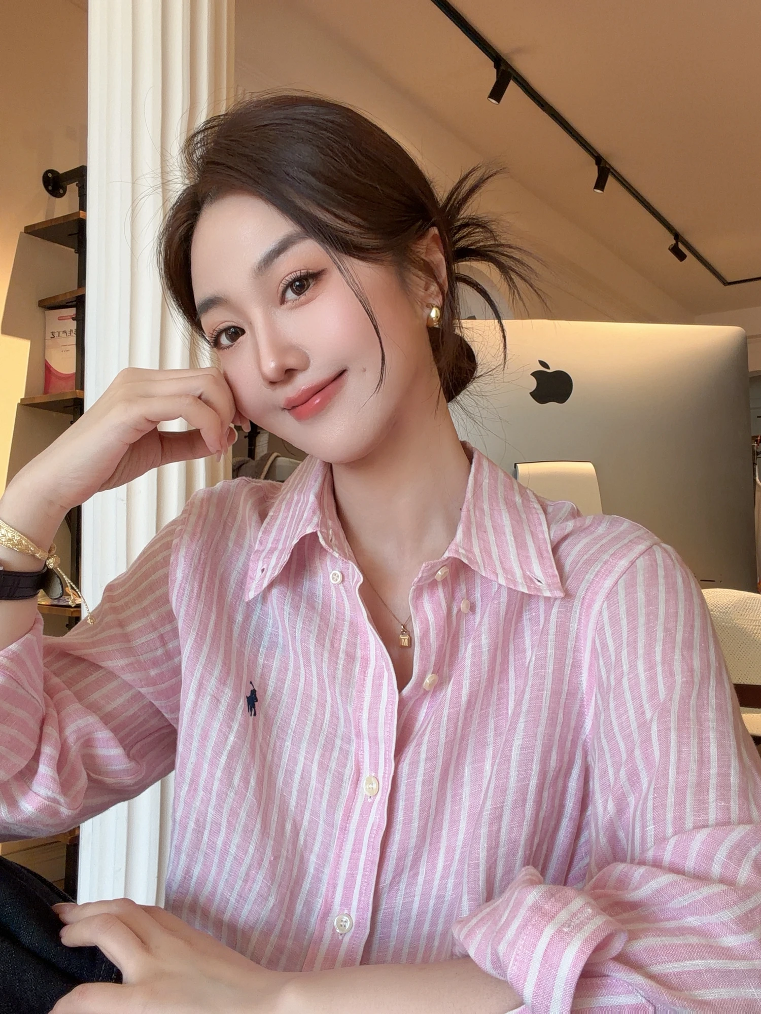 

Cao Daman Women's Linen Shirt Long Sleeve Loose Fit Striped Casual Style Vacation Wear Sun Protection Breathable Comfortable