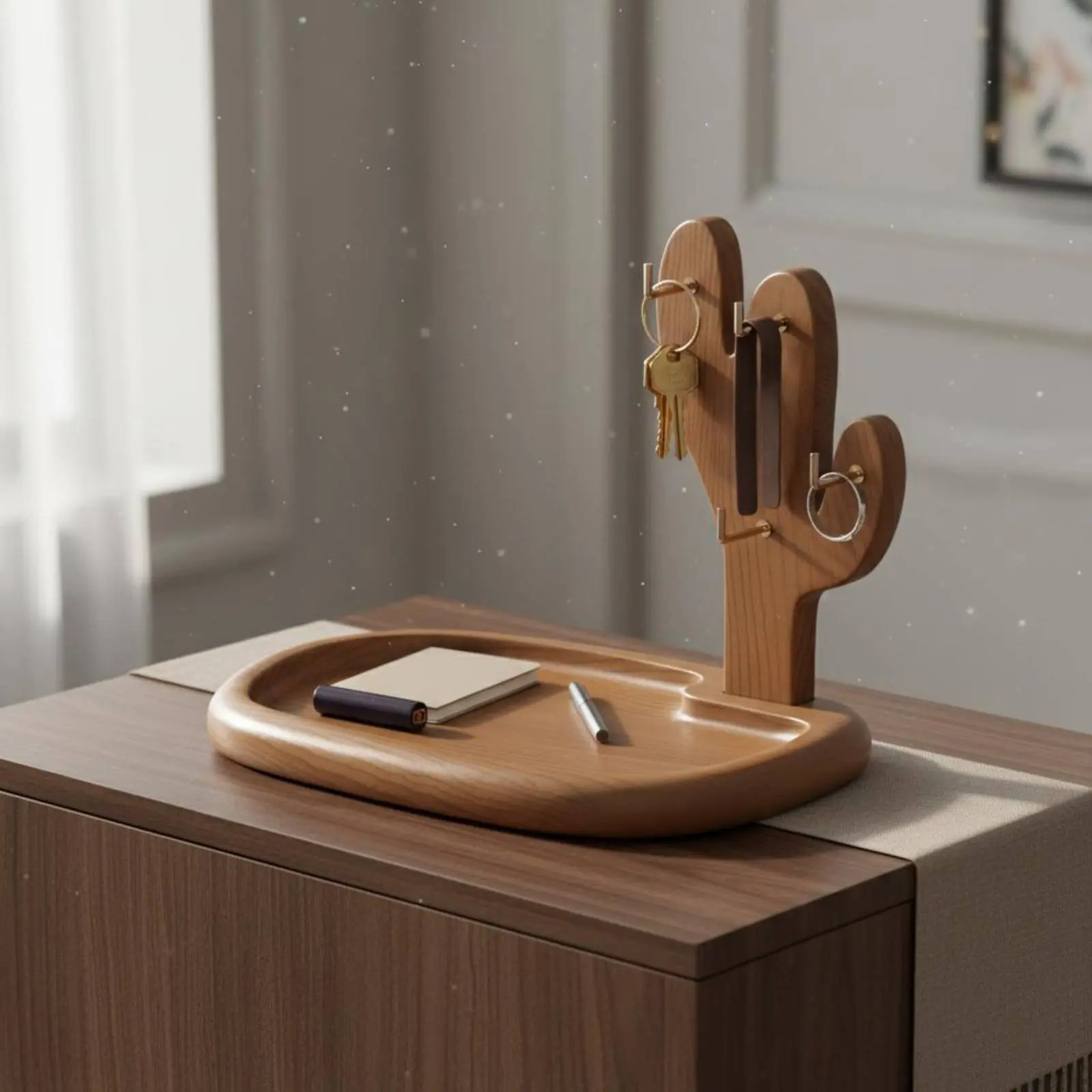 木製キーホルダー付きトレイ、頑丈な木製玄関収納スタンド、ベッドサイドキャッチオールトレイ、創造的なデザインのサボテン型キーラック