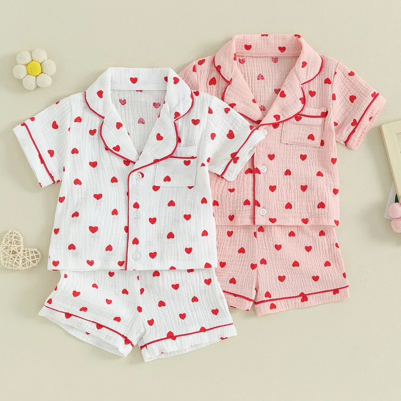 

Toddler Baby Girl Pajama Set Lapel Neck Button Down Short Sleeve Tops + Elastic Waist Heart Print Shorts 2 Piece Sleepwear