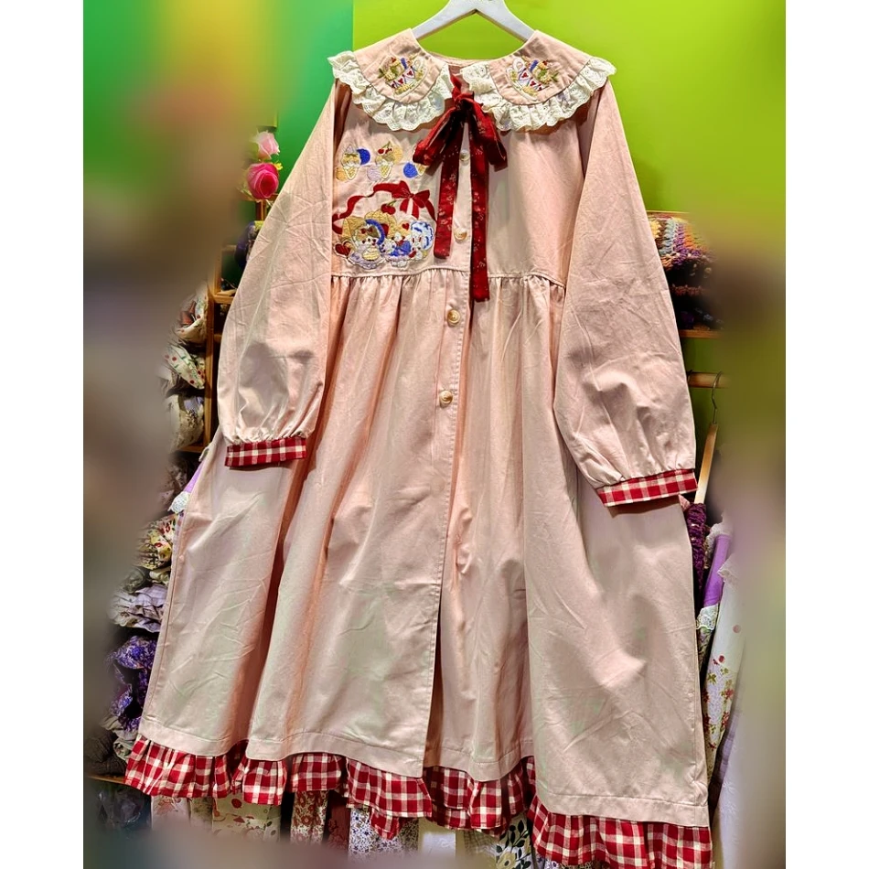 Sweet Lolita Autumn Cotton Kawaii Korean Long Trench Coat for Women 2025 Mori Girl Cute Bow Casual Fashion Vintage Plaid Trench