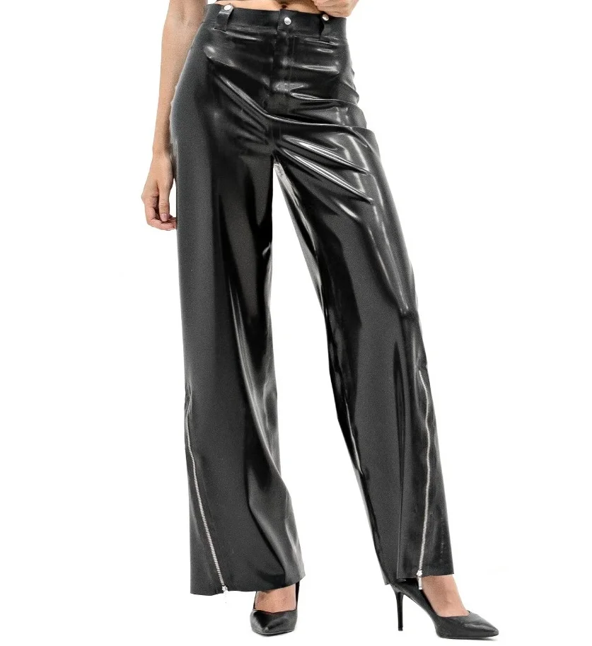 

Handmade Natural Gummi Latex Flare Leg Jeans Woman Casual Trousers With 2 Pockets Fetish Female Pants Front Zip Cosplay Costume