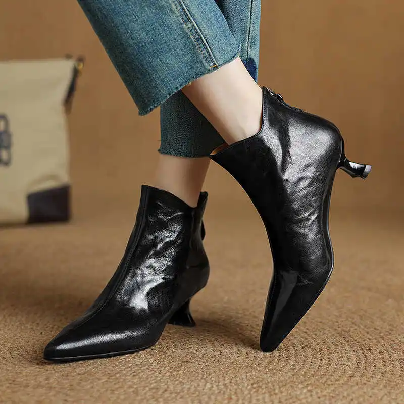 2026 Spring Vintage Pointed Toe Women Ankle Boots Fashion Thick Heel Shoes Concise Short Botas De Mujer
