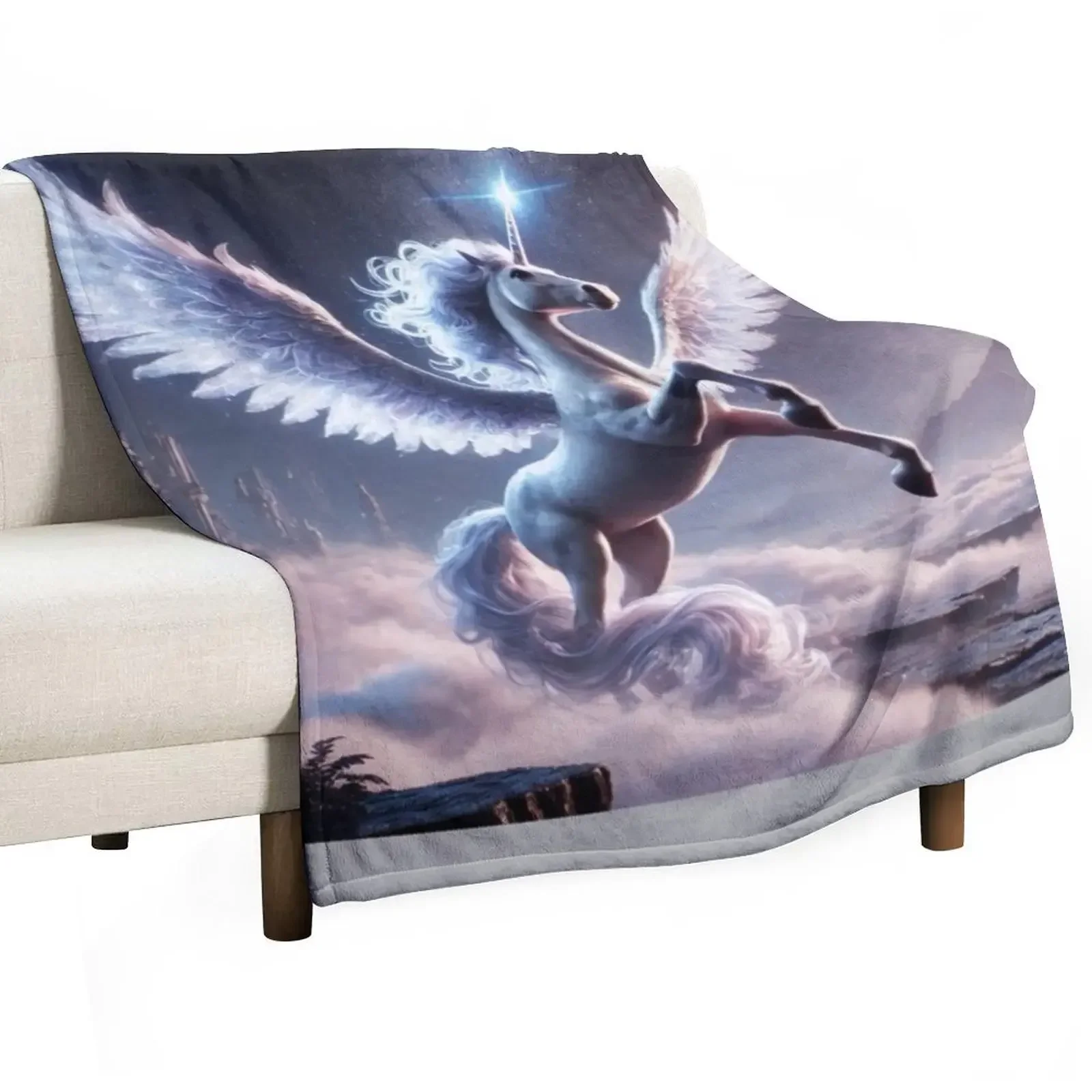 Mystical Alicorn Hybrid in Enchanted Realm - Fantasy Creature Art Throw Blanket Beach Moving Thermal Polar Blankets