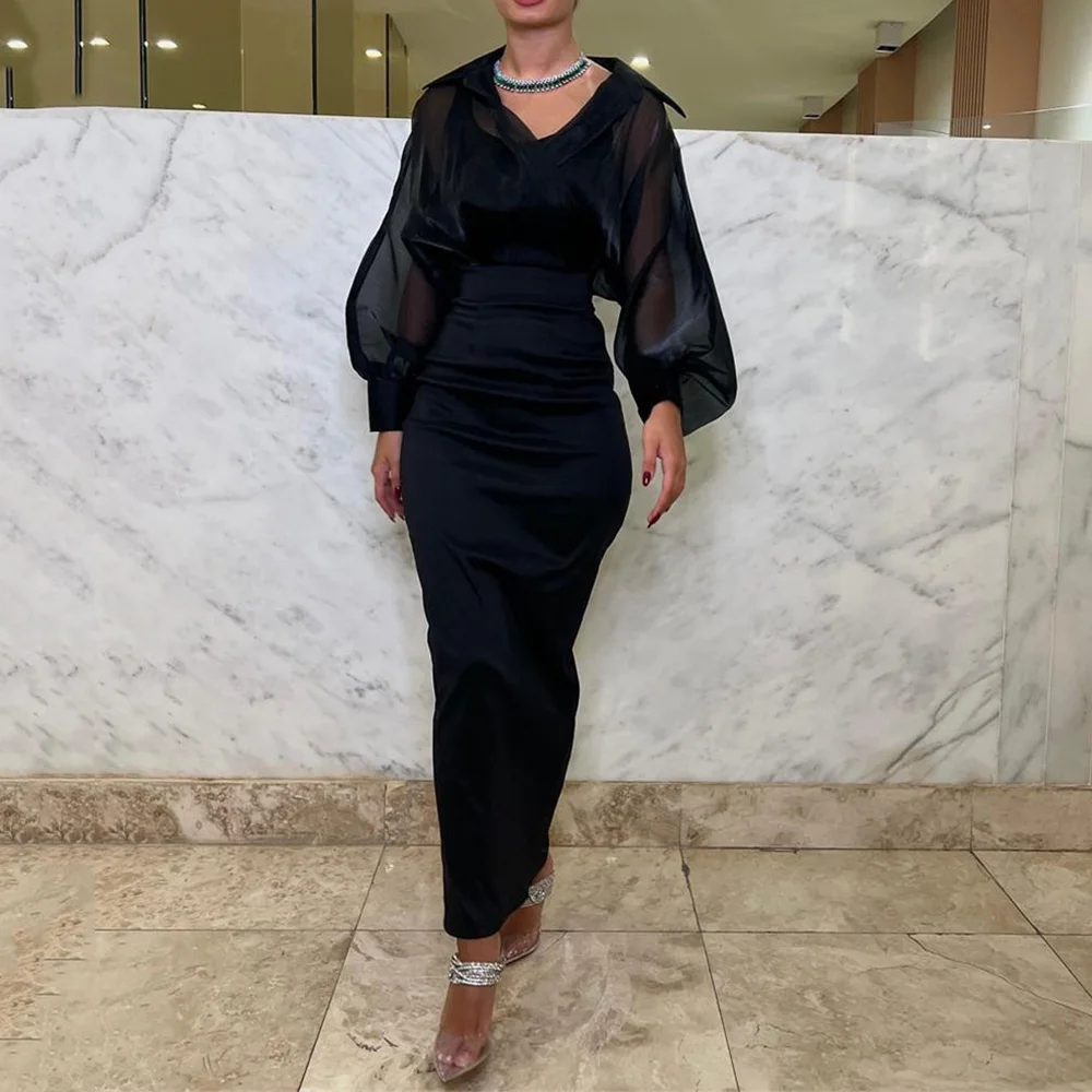 

Elegant Black Evening Dresses for Women V Neck Sexy Sheath Long Sleeve Illusion Prom Gown Patchwork فساتين السهرة 2023 جديده