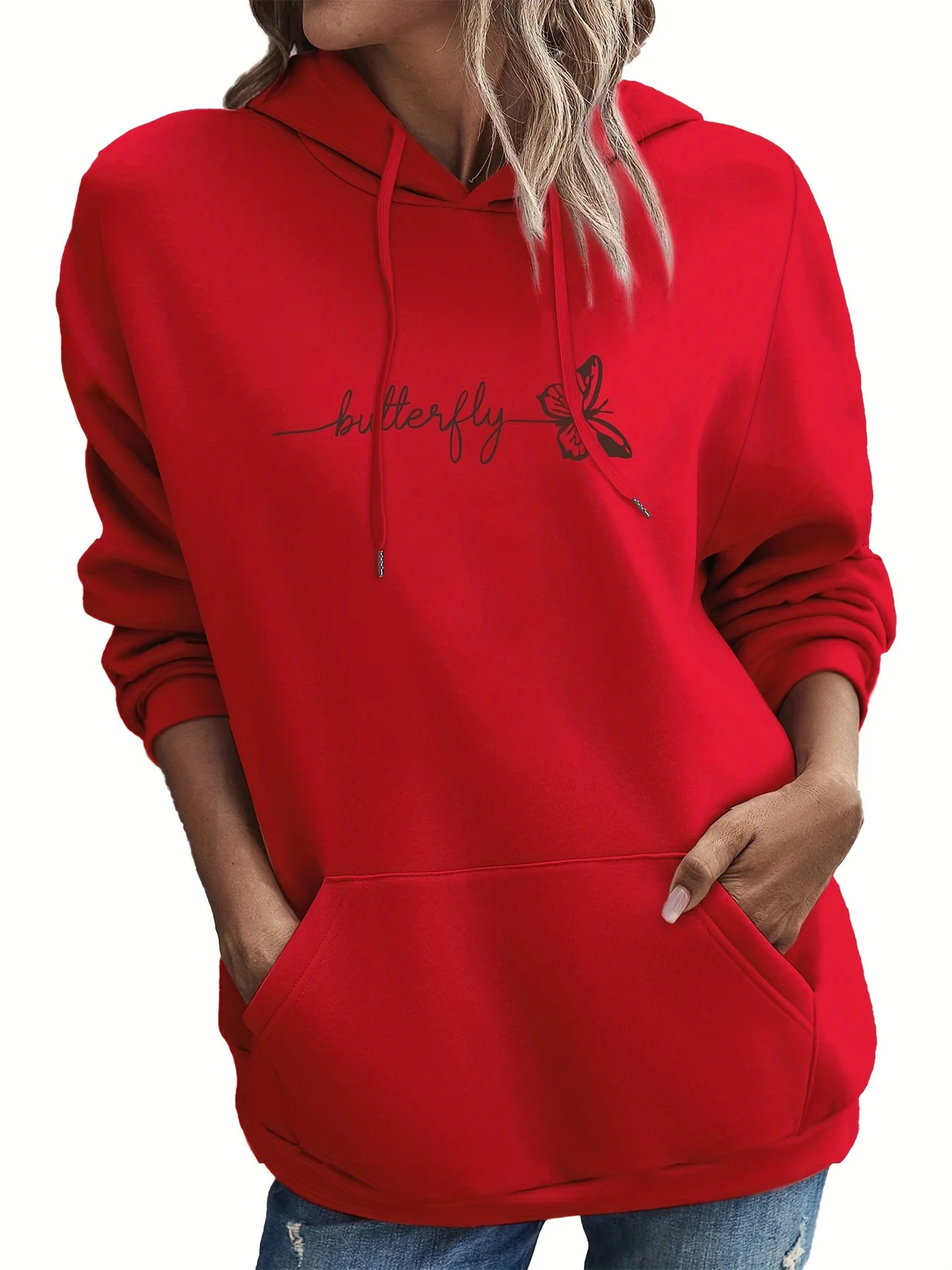 Women's autumn and winter loose casual butterfly letter pattern printed velvet long sleeved hoodie hooded sweatshirt