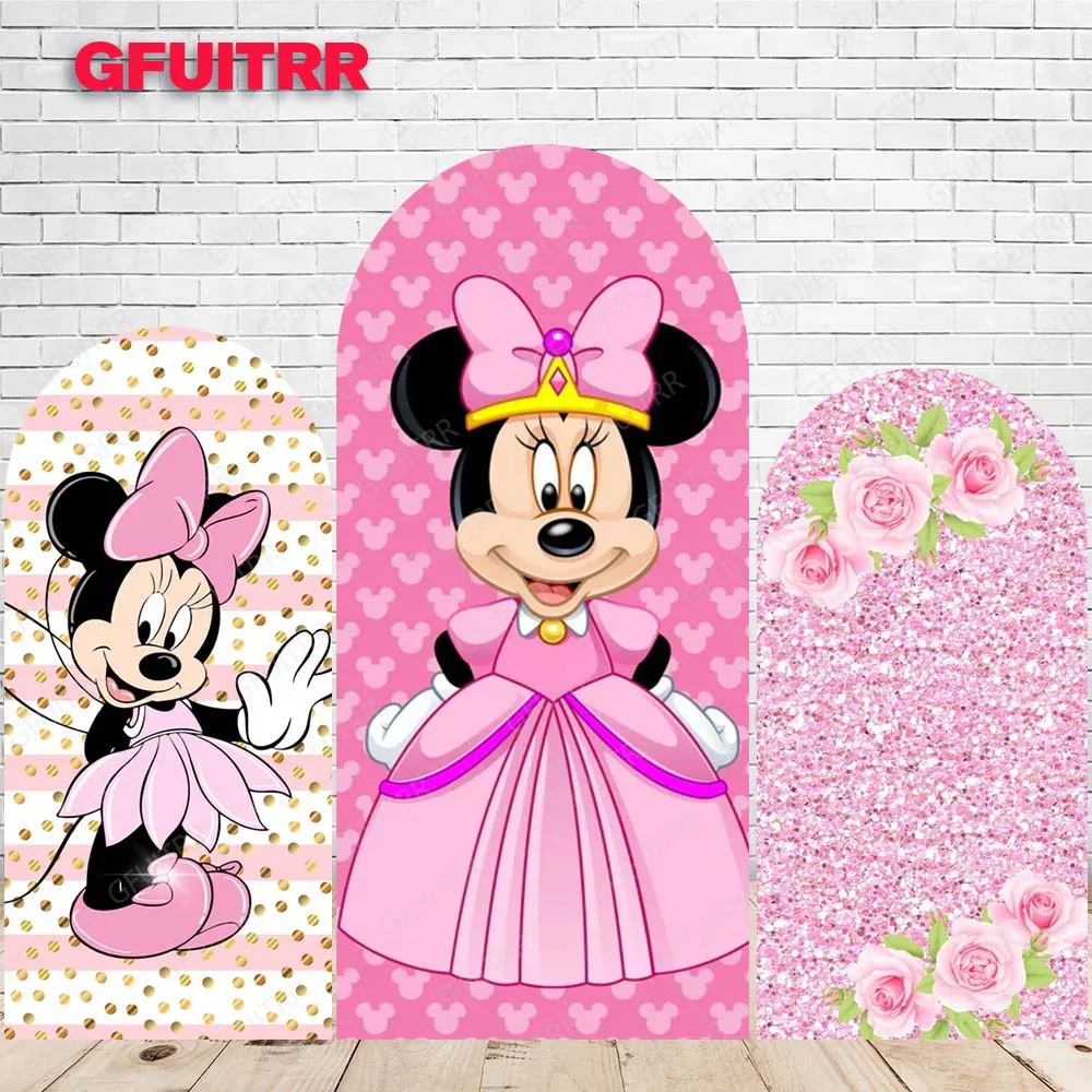 

Minnie Mouse Crown Arch Backdrop Pink Doublesided Birthday Party Photography Background Baby Shower Polyester Photo Booth Prop