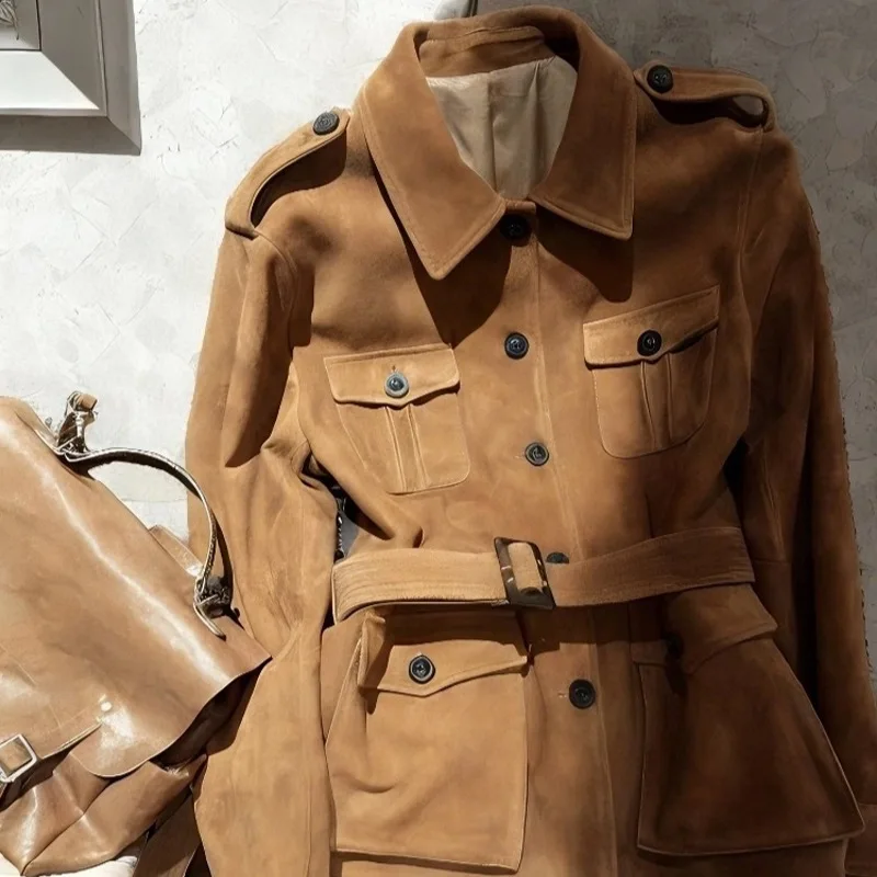 2025 Women's Beautiful and Stylish Suede Brown Coat Medium to Long Style with a High-end Feel Light Mature Style Casual Windbr