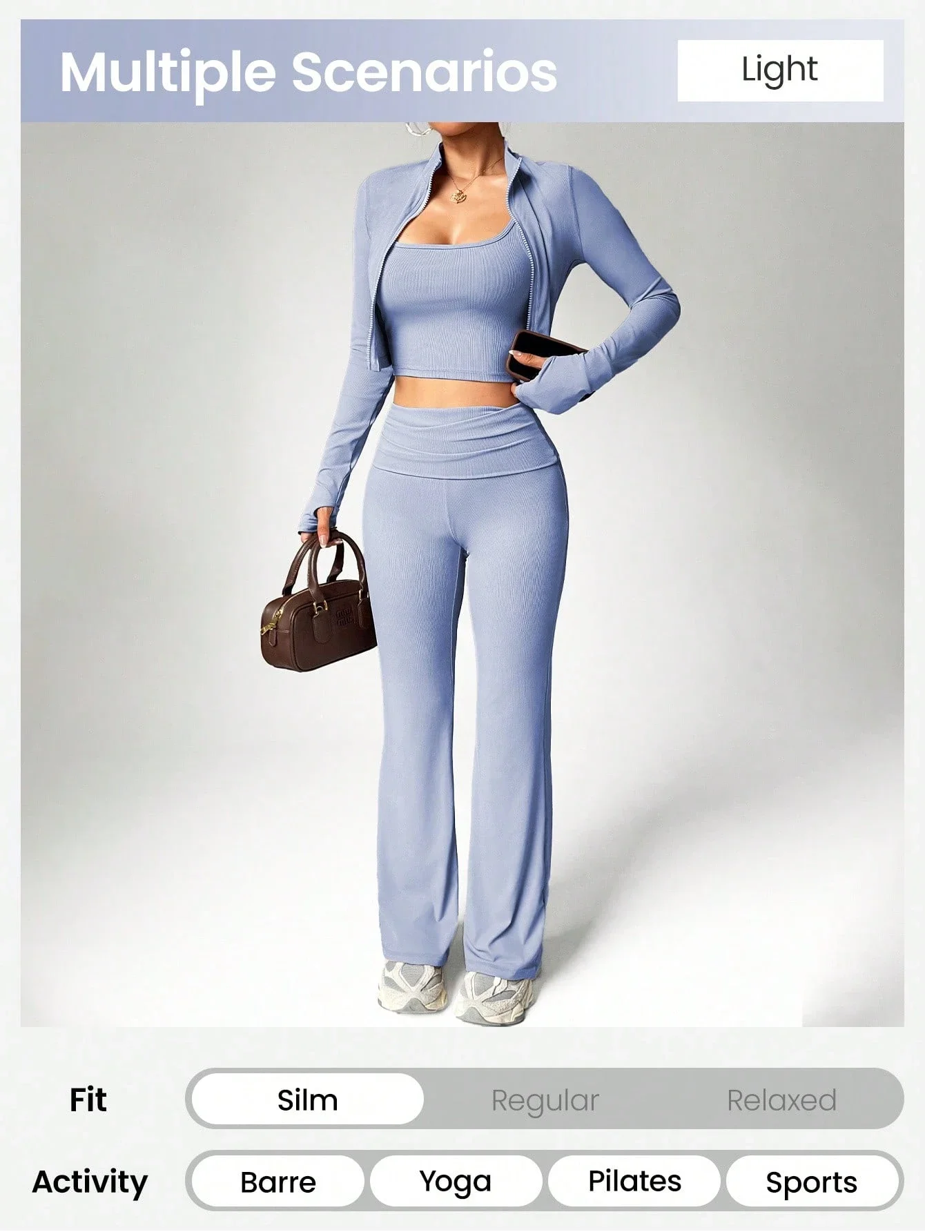 

Women's 3-Piece Yoga Workout Set With Zipper Jacket, U-Neck Crop Top And High Waist Flare Leggings