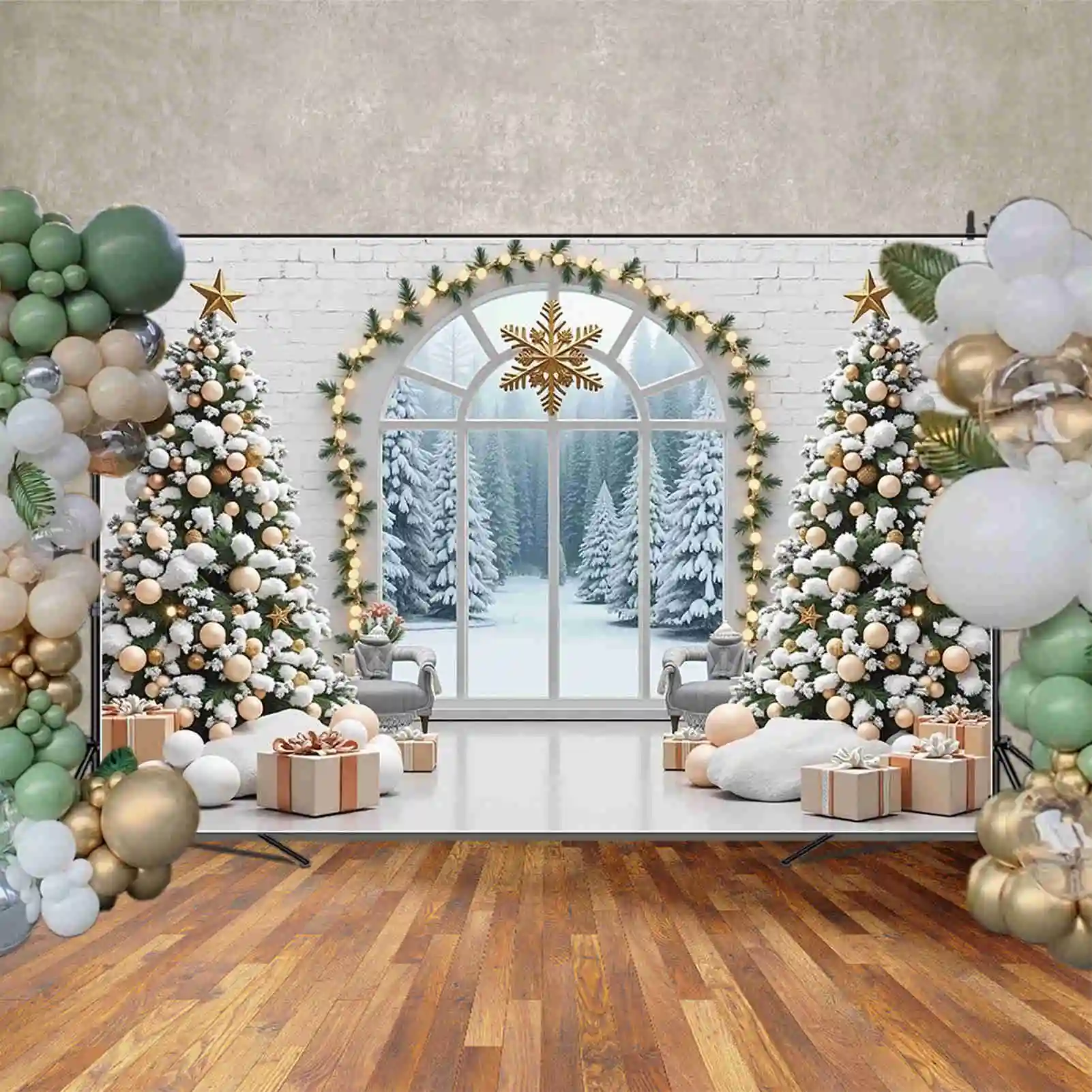 MOON.QG 2025 Christmas Photography Background Xmas Tree New Year Window Photocall Backdrop Baby Photo Studio Photozone Supplies