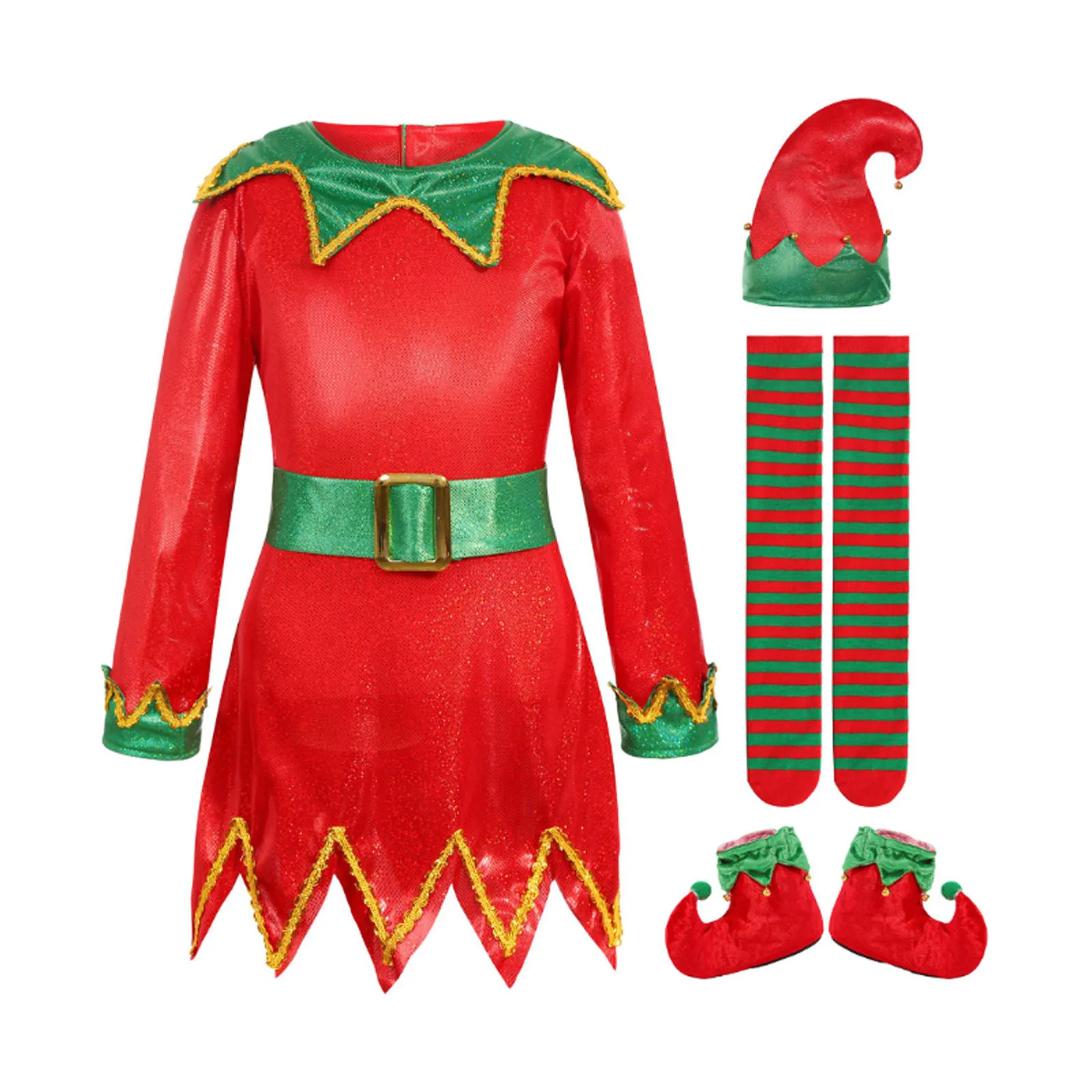 Girls Elf Christmas Costume Fancy Dress Up Outfit Long Sleeve Zipper Jagged Hem Dress Xmas Hat Stripe Socking And Shoes Set #2