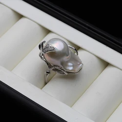 Real Freshwater Natural Baroque Large Pearl Ring,Wedding Adjustable Pearl Ring Sterling Silver White Wife Mother Birthday Gifts