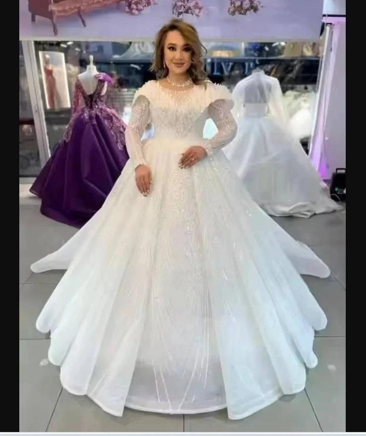 تخصيص الفاخرة اليدوى الخرز الثقيل الترتر Ballgown فستان الزفاف Vestidos De Novia طويلة الأكمام فساتين الزفاف الأنيقة #1