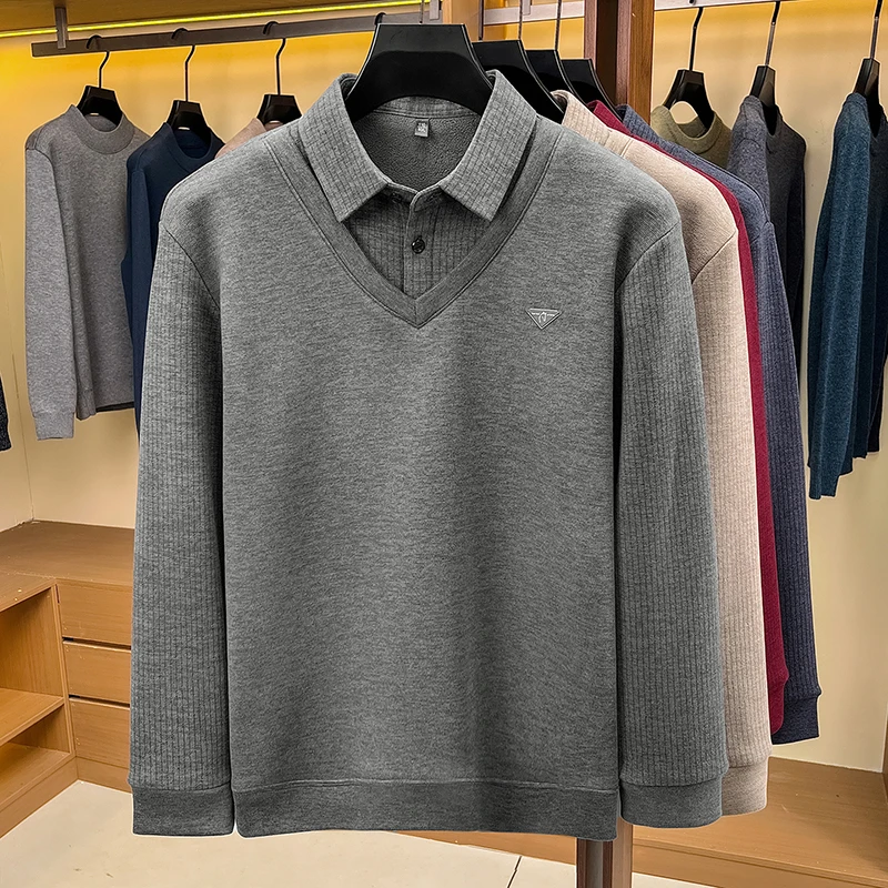 Luxusmarke Herren Einfarbiges Bedrucktes Poloshirt Herbst Neu Langärmeliges Revers Falsches Zweiteiliges T-Shirt Business Casual Herrenbekleidung – Detail 5