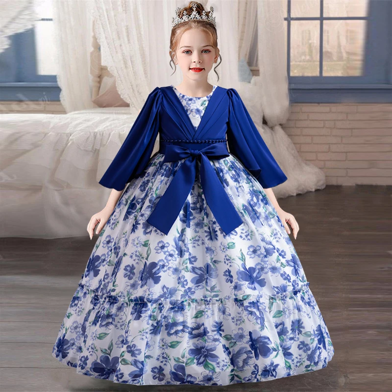 Girl\'s Pearl Bow Princess Dress 2024 New Fashion Printed Casual Dress Fashion Elegant Carnival Birthday Host Performance Dress