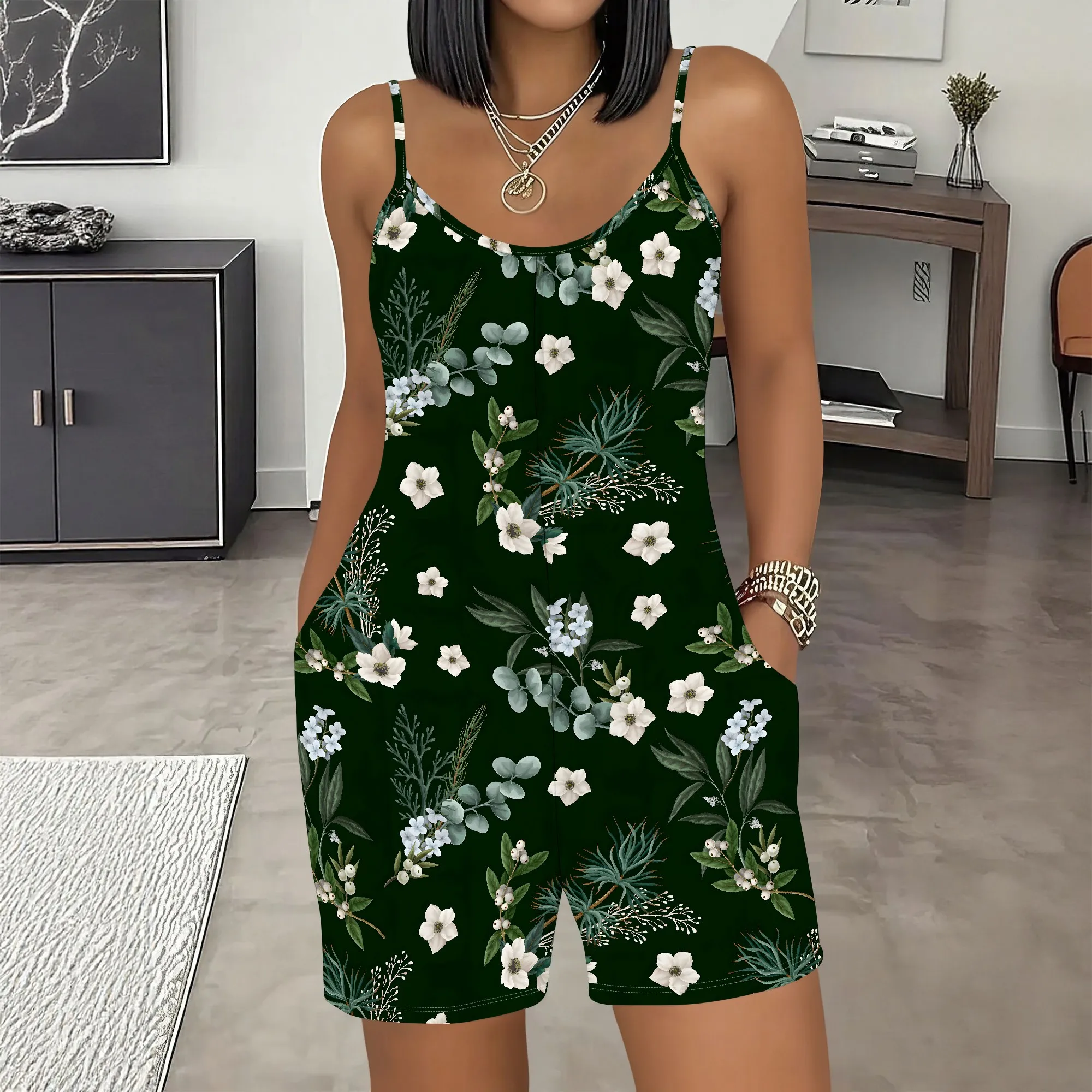 

Floral Romper, Sleeveless Jumpsuit, Pockets, Deep Green, Casual Wear, S-2XL