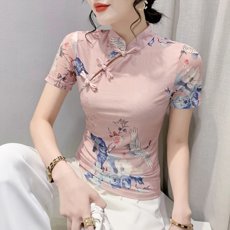 

Summer New Sle Women's Slim Fit ort Sve T-irt Floral Print Me Button up Top Faionable Sli Korean Version