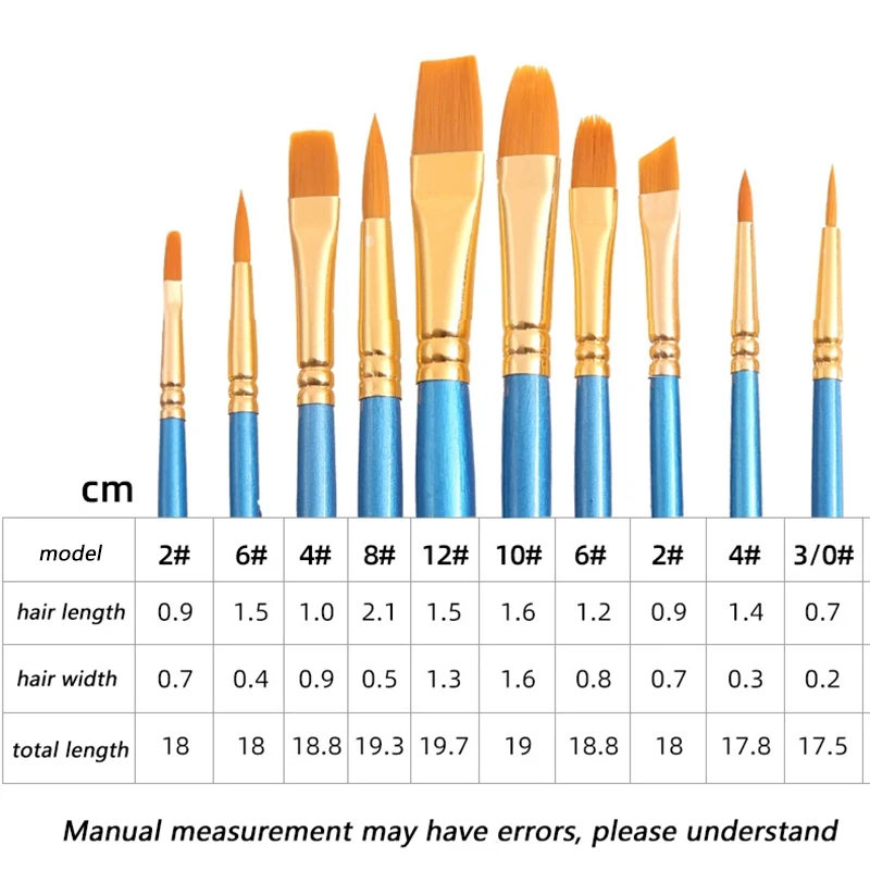 10 pcs Artists Paint Brush Set Acrylic Watercolor Round Pointed Nylon Tip Hair Multifunction hook line short pointed Pen