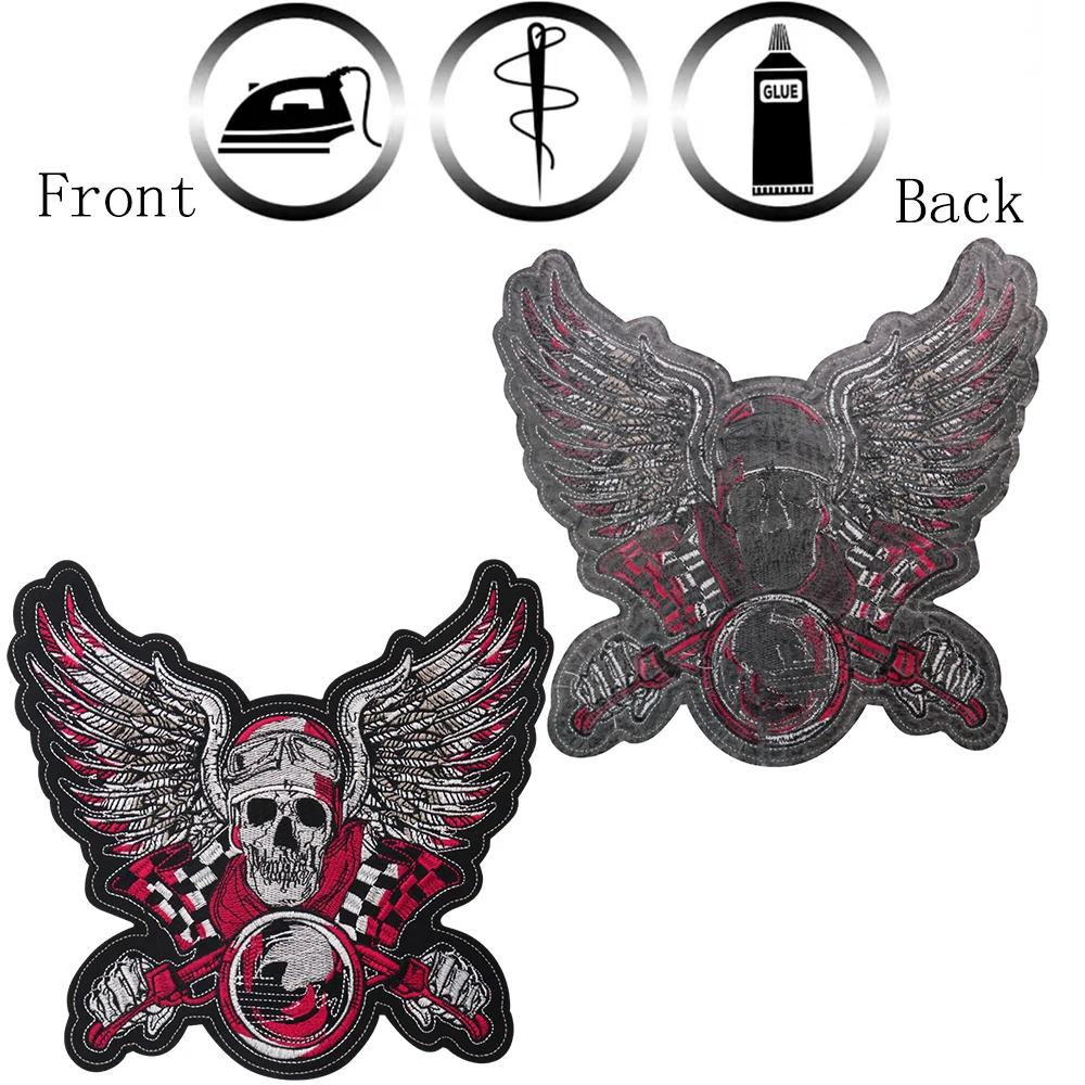 Victory Speed Racing Skull Patch Skeleton Wings Large Embroidered Iron On Applique Skull Motorcycle Jacket Back Badge