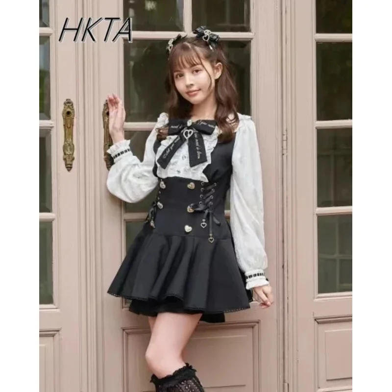 

DY20Mine японское классическое тонкое платье-орты с длинными рукавами и вышивкой с бантом, комплект с шортами 2024, осеннее новое платье-рубашка с рюшами по краям, комплект из 2 предметов